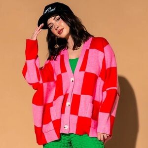 Dressed in LaLa Love You Oversized Checkerboard Cardigan S/M EUC